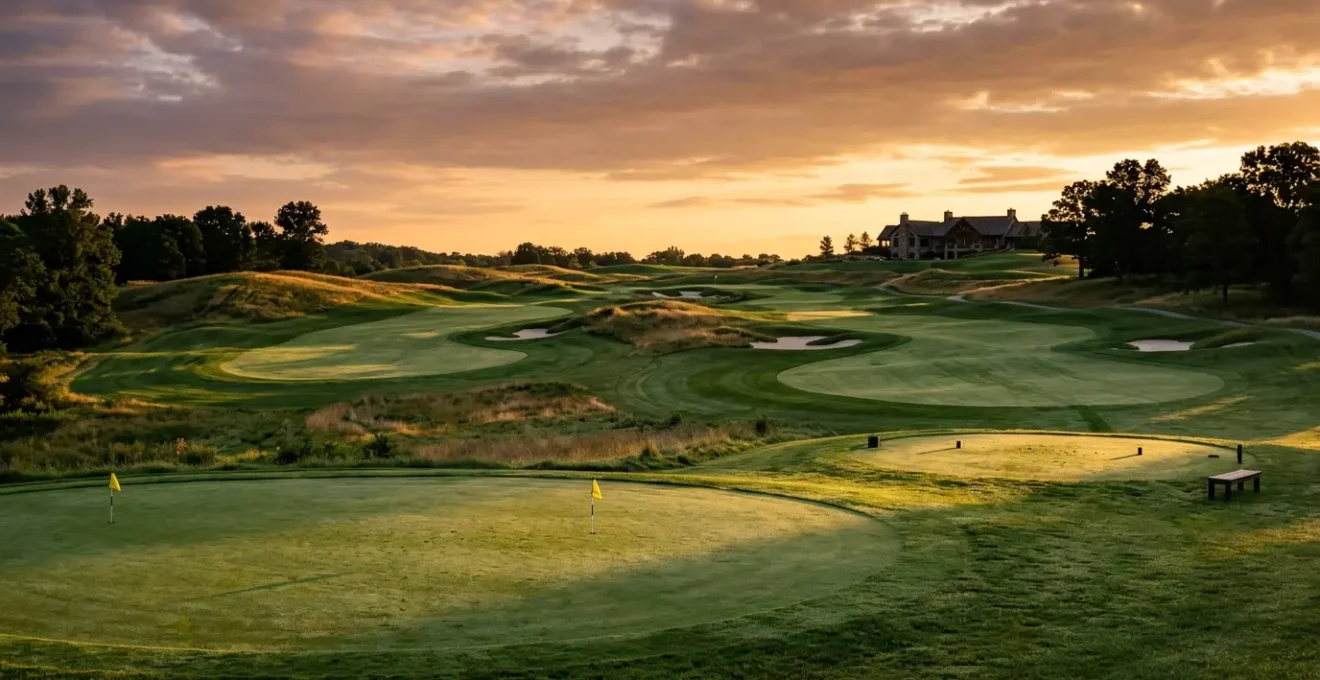 Scenic view of premium golf course during off-season with dramatic golden hour lighting