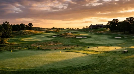 Scenic view of premium golf course during off-season with dramatic golden hour lighting