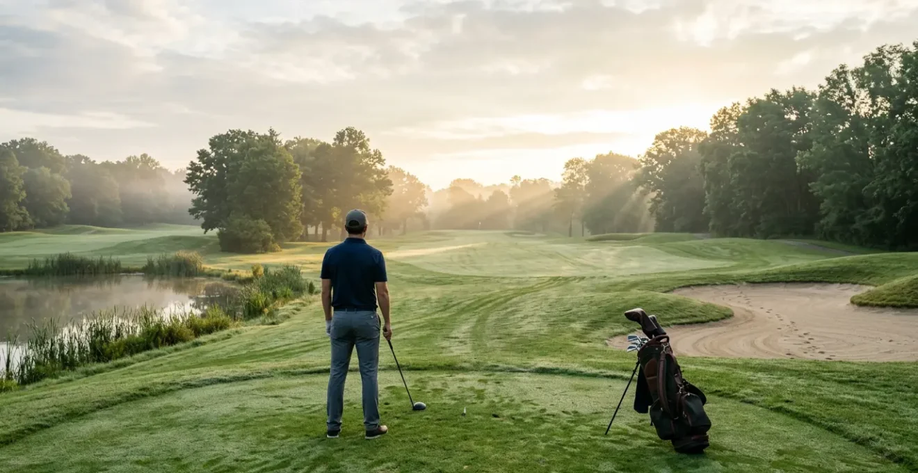 Strategic golf course view showing a fairway with multiple shot options and course management decisions