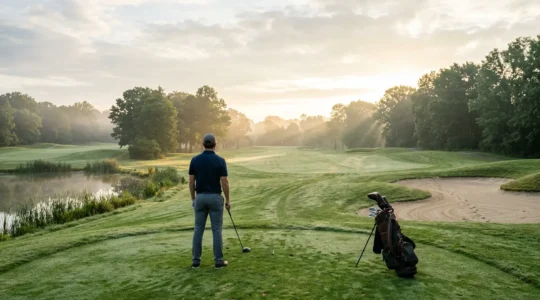 Strategic golf course view showing a fairway with multiple shot options and course management decisions