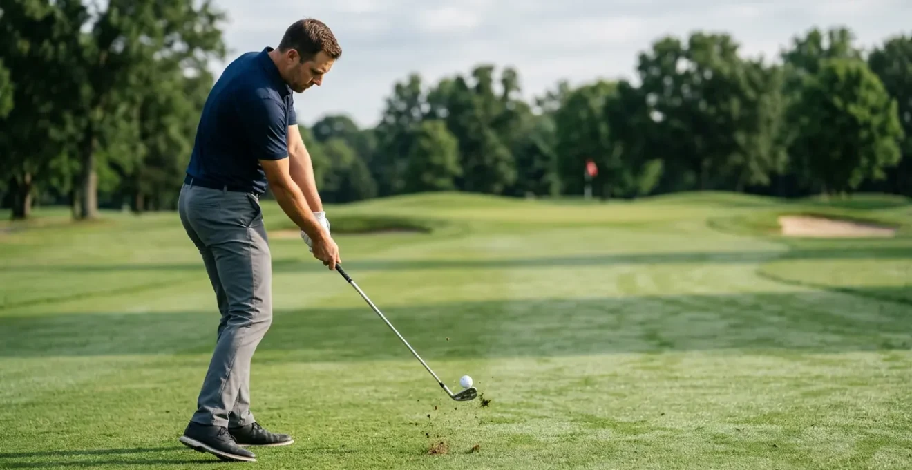 Professional golfer striking iron shot from tight championship fairway with perfect compression