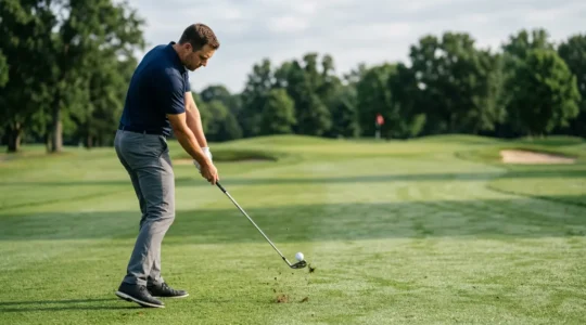 Professional golfer striking iron shot from tight championship fairway with perfect compression