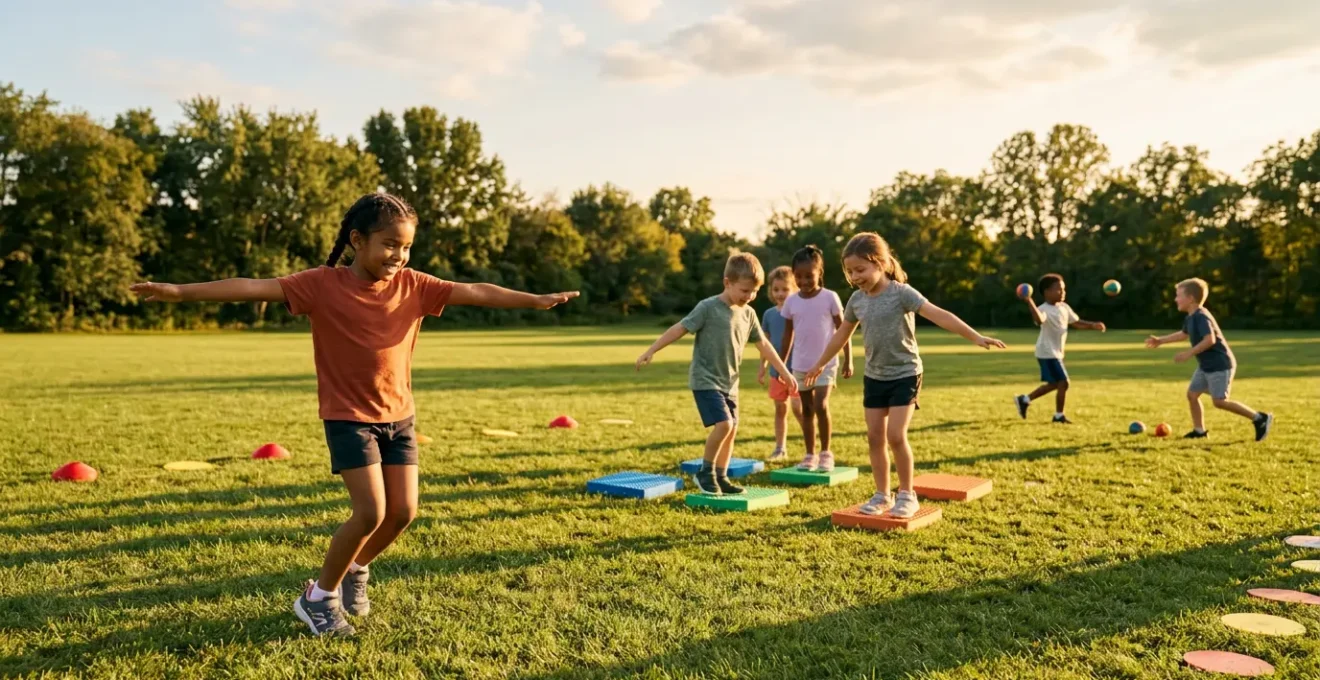 Group of diverse children practicing golf movements in a colorful outdoor setting with various athletic equipment