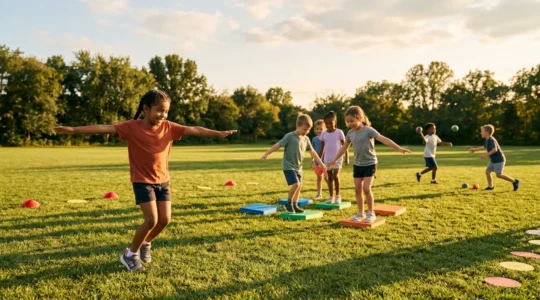 Group of diverse children practicing golf movements in a colorful outdoor setting with various athletic equipment