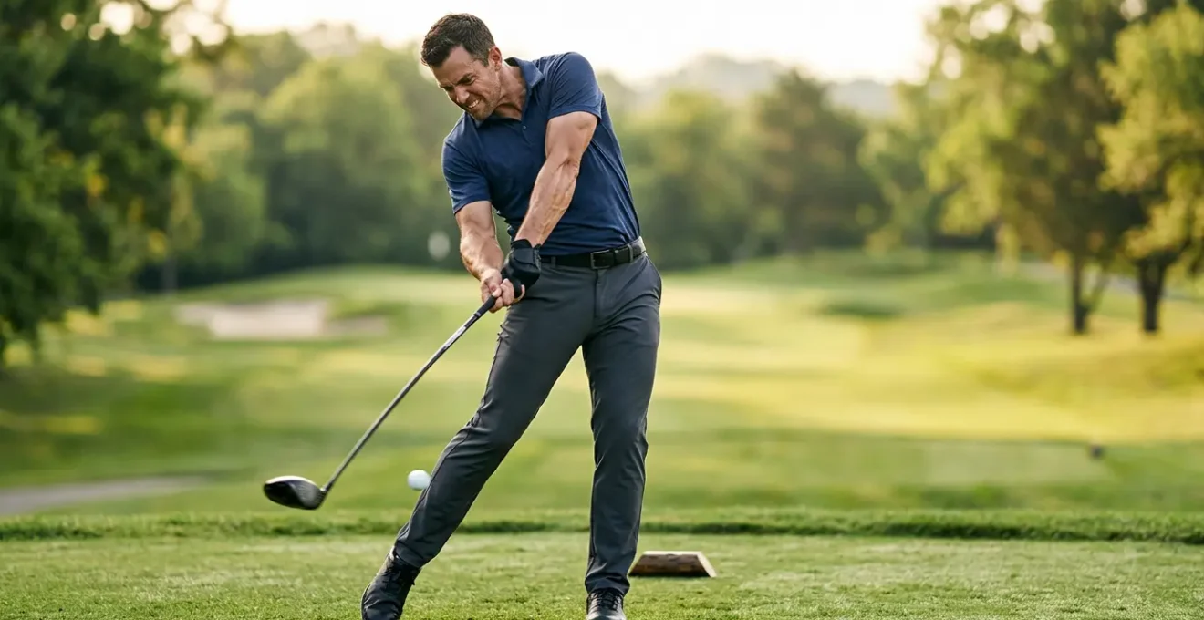 Athletic golfer mid-swing showing powerful rotation with visible muscle definition and dynamic energy