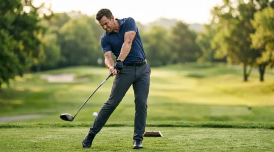 Athletic golfer mid-swing showing powerful rotation with visible muscle definition and dynamic energy