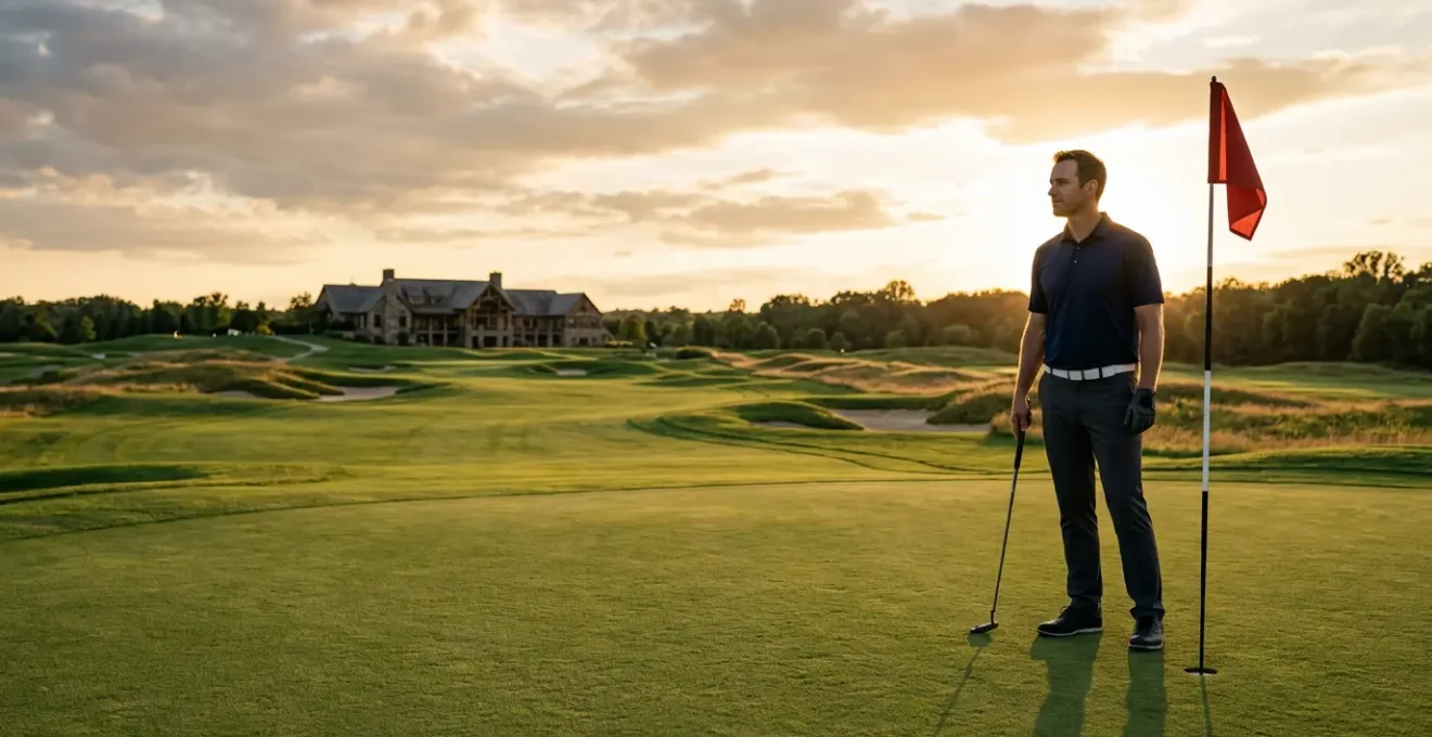 Professional golfer on the 18th green maintaining perfect composure at sunset with pristine course in background