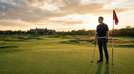Professional golfer on the 18th green maintaining perfect composure at sunset with pristine course in background