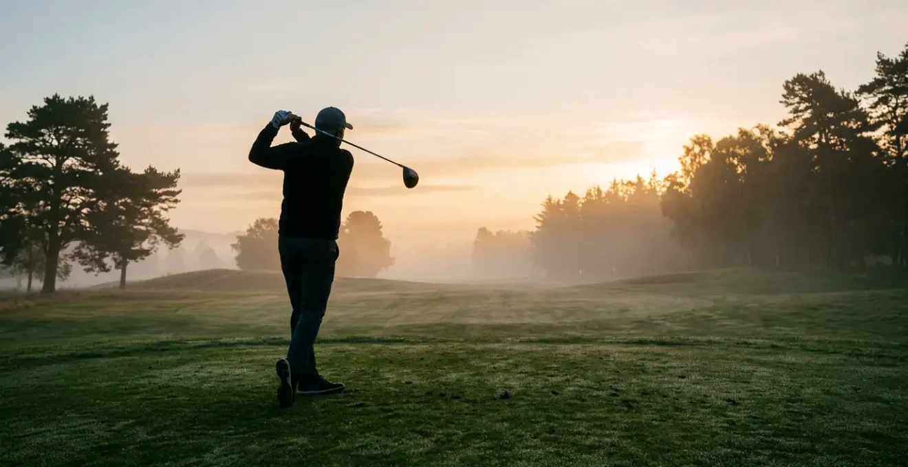 Professional golfer mid-swing on morning course with emphasis on joint-friendly technique