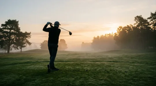 Professional golfer mid-swing on morning course with emphasis on joint-friendly technique