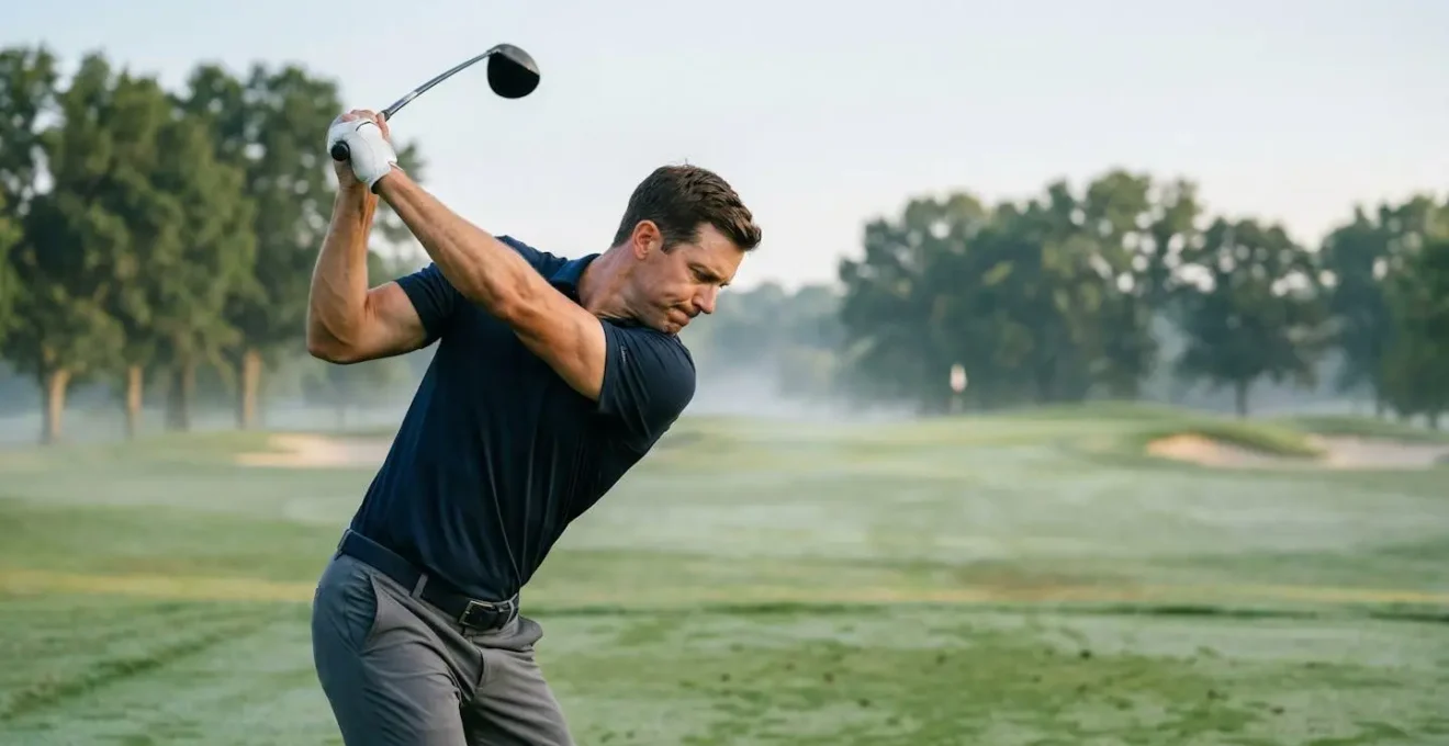 Professional golfer demonstrating thoracic spine rotation during backswing on pristine golf course at golden hour