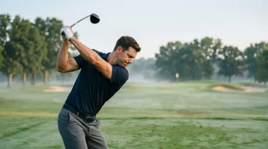 Professional golfer demonstrating thoracic spine rotation during backswing on pristine golf course at golden hour