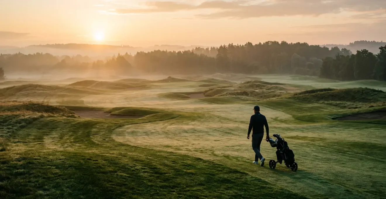 Golfer walking on morning course with heart rate zones visualized in soft gradient
