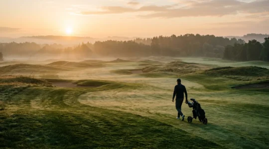 Golfer walking on morning course with heart rate zones visualized in soft gradient