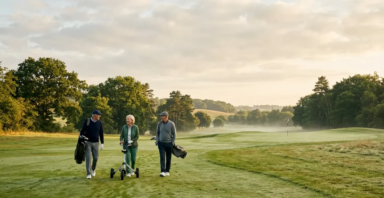 Senior golfers enjoying a morning round on a lush green golf course