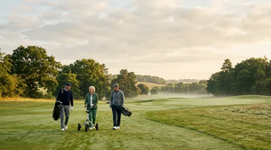 Senior golfers enjoying a morning round on a lush green golf course