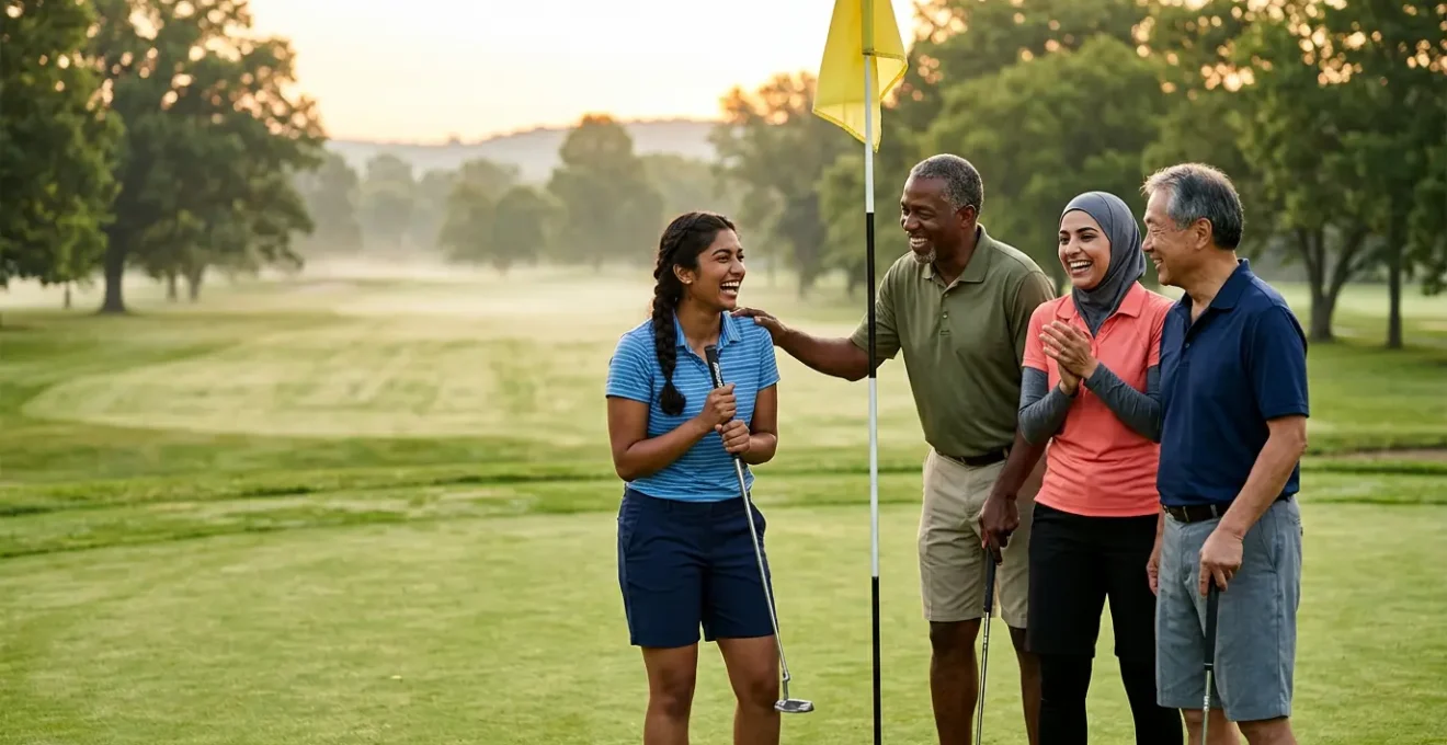 A diverse group of golfers sharing a laugh on a sunlit golf course putting green