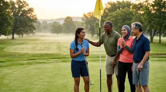 A diverse group of golfers sharing a laugh on a sunlit golf course putting green