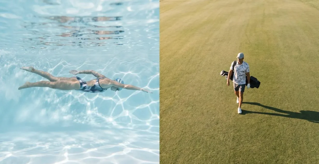 Split composition showing swimmer in pool and golfer walking course for recovery comparison