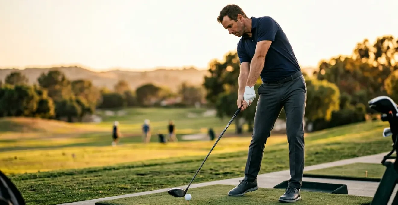 Professional golfer mid-swing demonstrating biomechanical precision with modern equipment technology