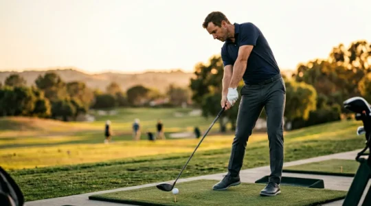 Professional golfer mid-swing demonstrating biomechanical precision with modern equipment technology