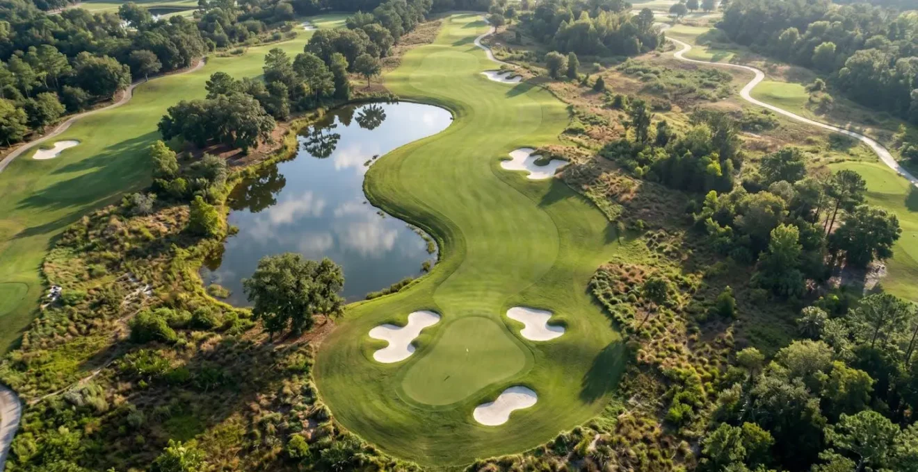 Bird's eye view of golf fairway showing strategic landing zones and natural hazards