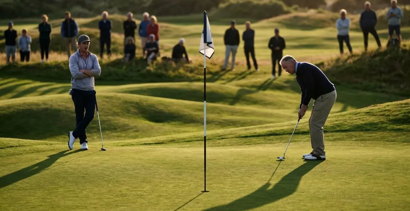 Two amateur golfers in match play final with crowd watching