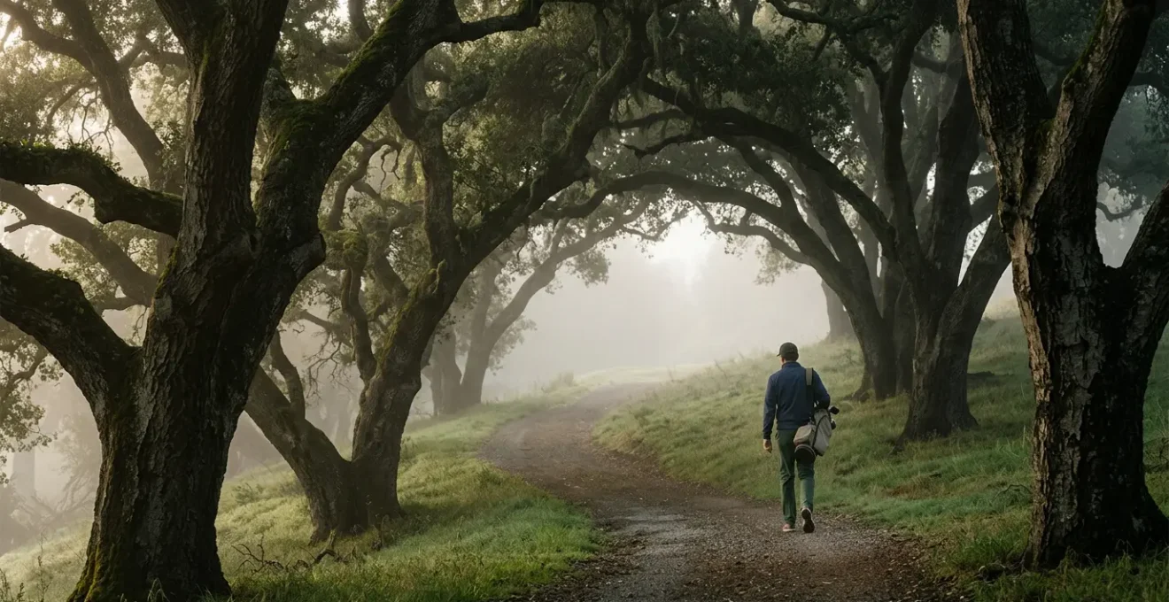 Amateur golfer walking up Magnolia Lane at Augusta National during sunrise