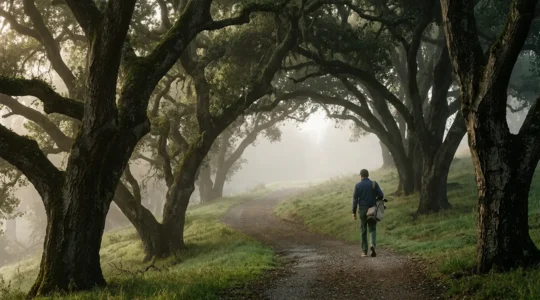 Amateur golfer walking up Magnolia Lane at Augusta National during sunrise