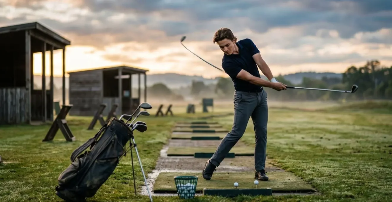 Amateur golfer practicing alone at driving range during early morning