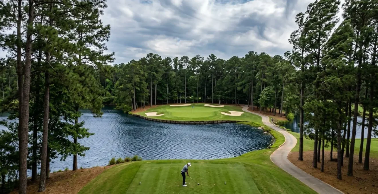 Aerial view of the 12th hole at Augusta showing wind patterns through a tunnel of towering pines