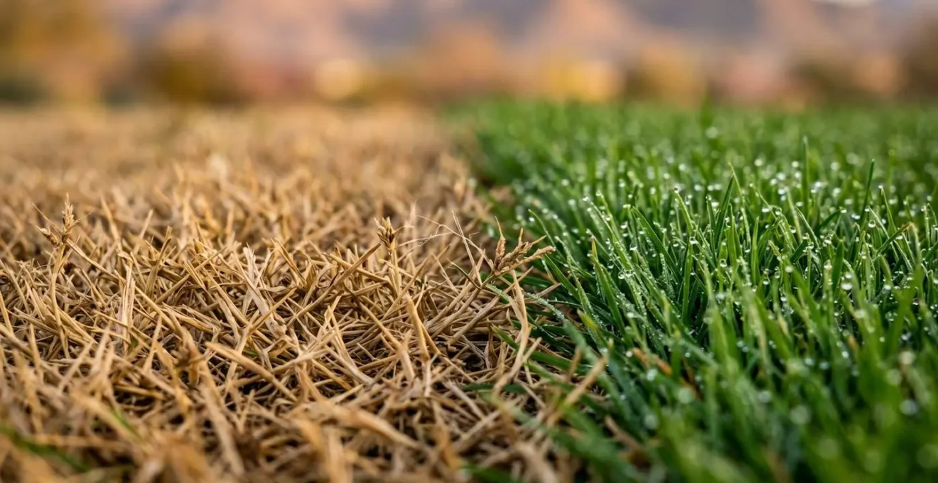 Desert golf course showing seasonal transition between overseeding phases