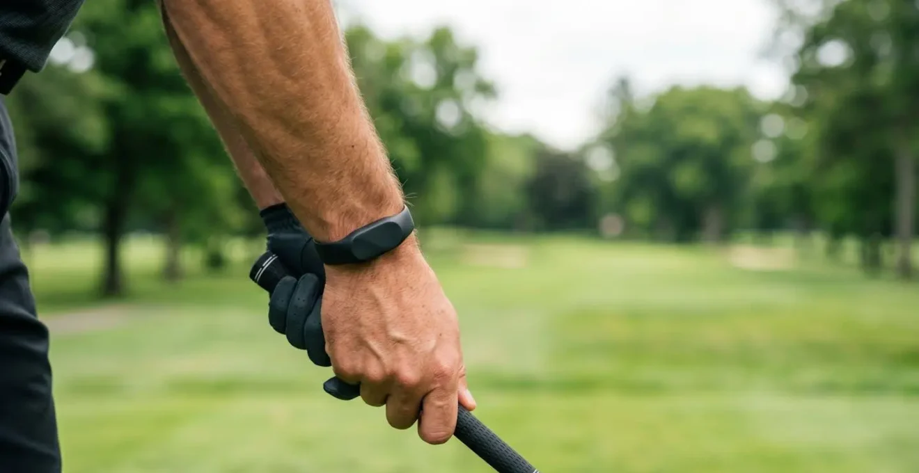 Golfer's wrist showing fitness tracker during outdoor athletic performance