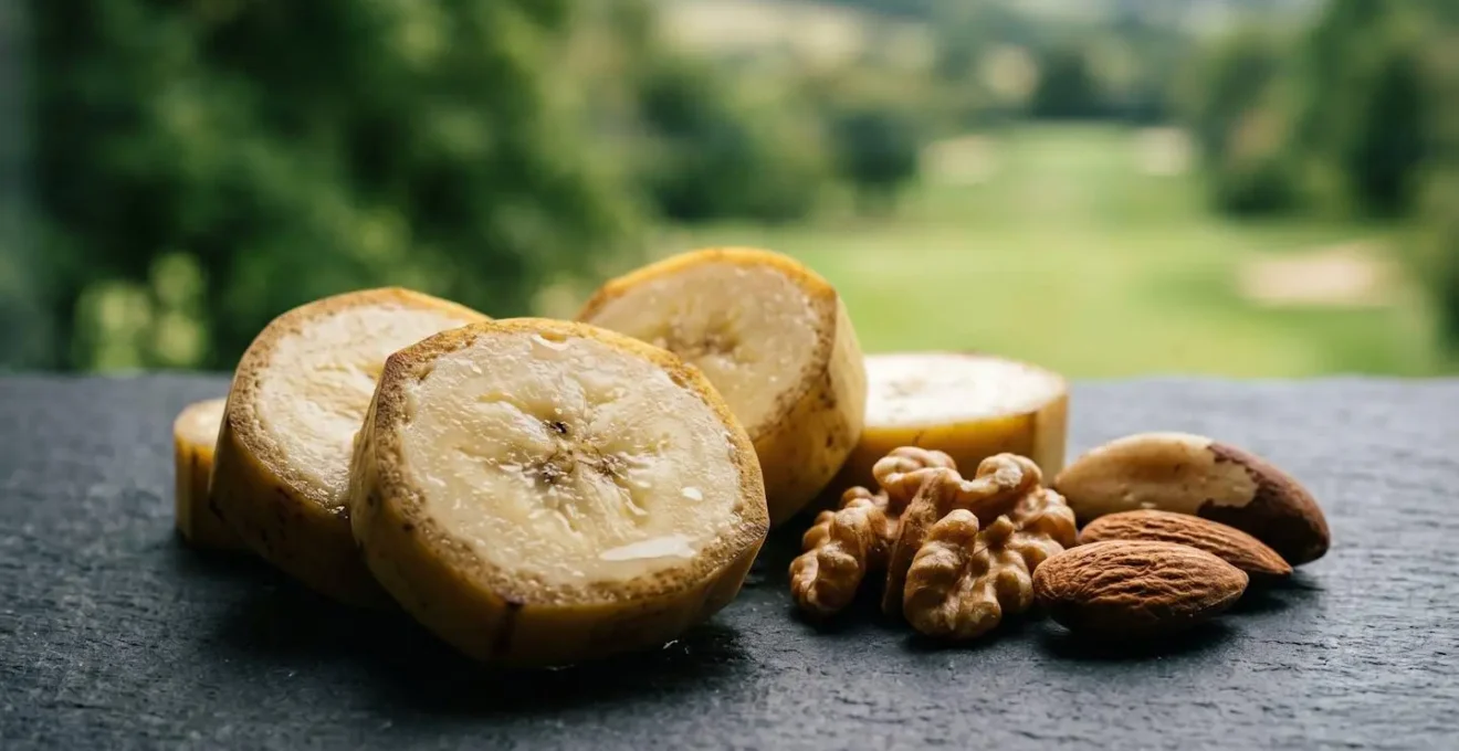 Close-up of healthy golf course snack emphasizing natural whole foods and optimal timing