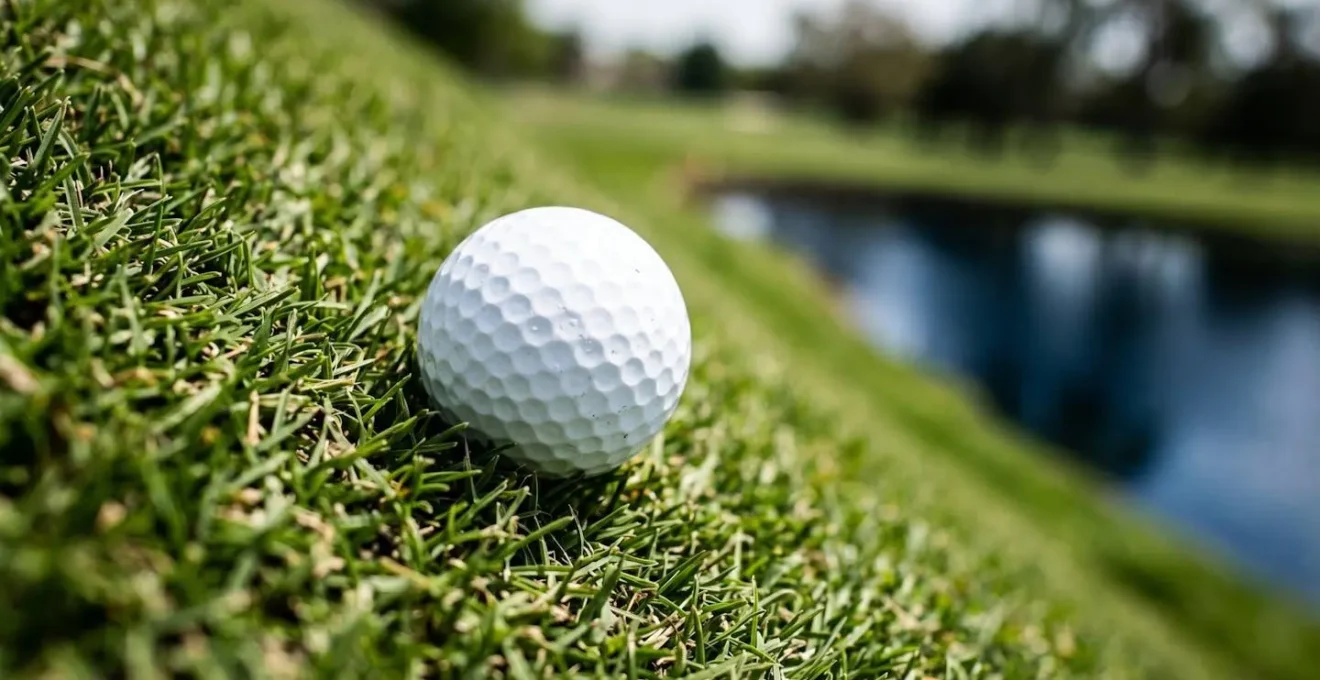 Close-up macro view of a golf ball on a severe downslope of a green, with a water hazard in the background