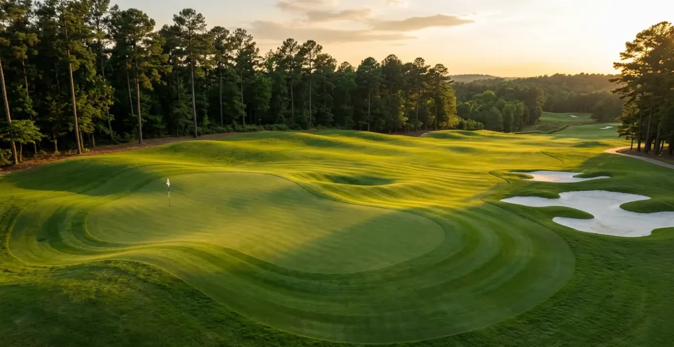Dramatic elevation and undulating contours of Augusta National's 18th green captured at golden hour