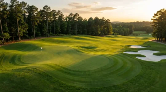 Dramatic elevation and undulating contours of Augusta National's 18th green captured at golden hour
