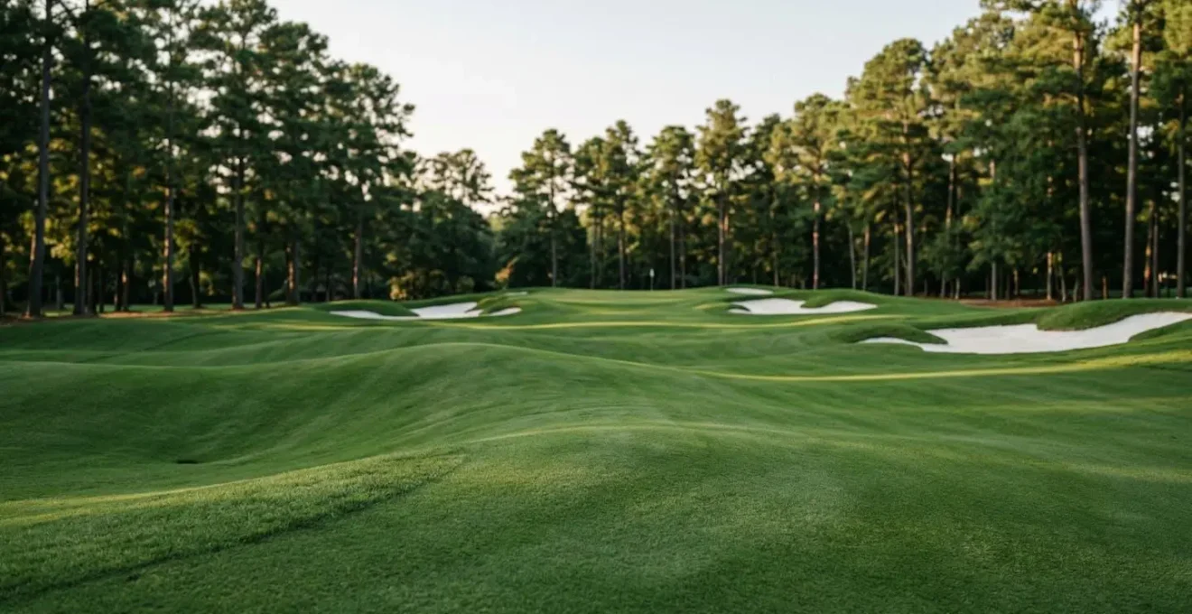 Professional editorial photograph capturing the severe undulating contours and slopes of an Augusta National putting green with dramatic afternoon lighting
