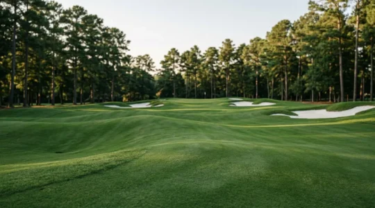Professional editorial photograph capturing the severe undulating contours and slopes of an Augusta National putting green with dramatic afternoon lighting