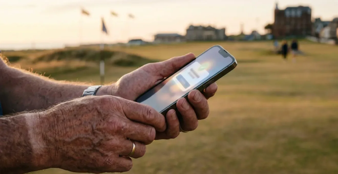 Close-up of hands holding smartphone displaying tee time confirmation with St Andrews links in soft background