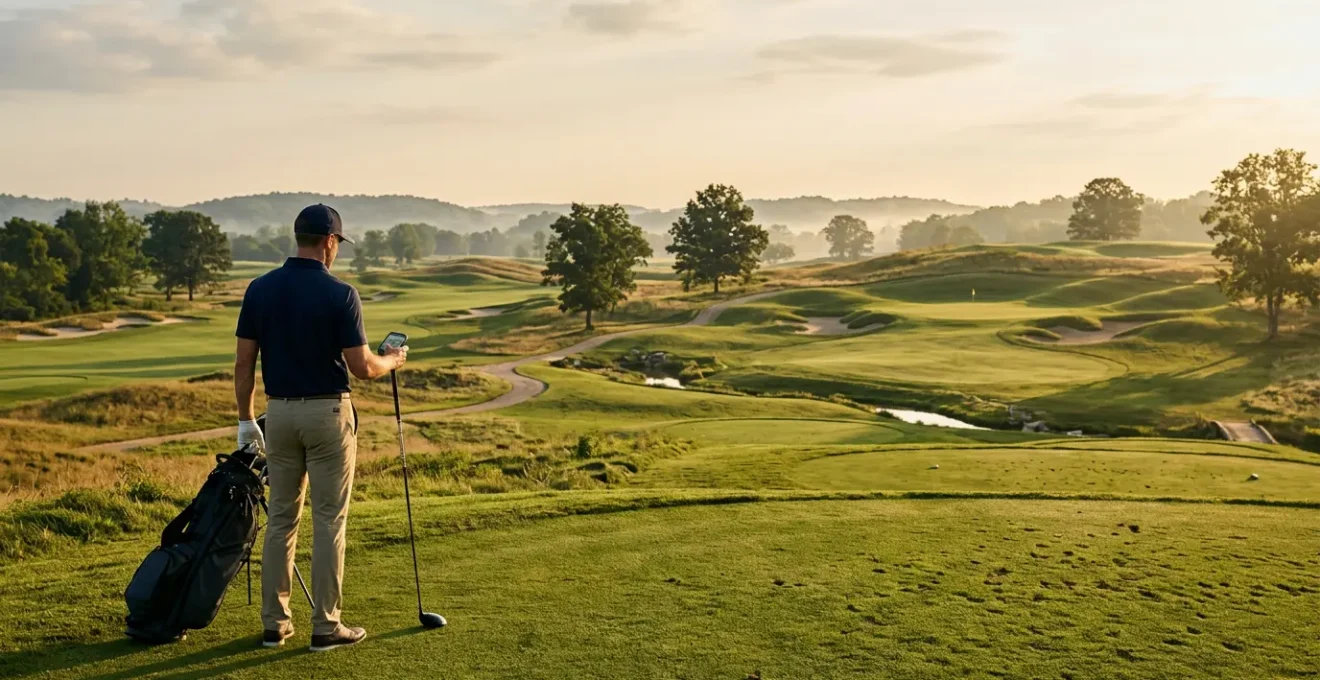 Golfer analyzing course strategy on fairway with morning light casting shadows across pristine green landscape