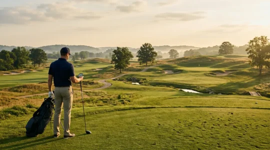 Golfer analyzing course strategy on fairway with morning light casting shadows across pristine green landscape