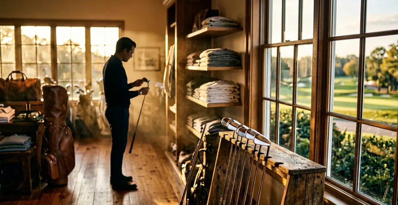 Golfer examining quality used forged irons in vintage pro shop atmosphere with natural lighting