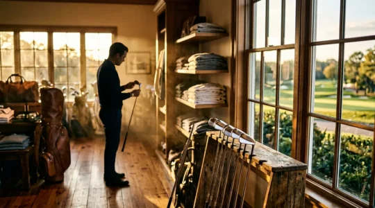 Golfer examining quality used forged irons in vintage pro shop atmosphere with natural lighting