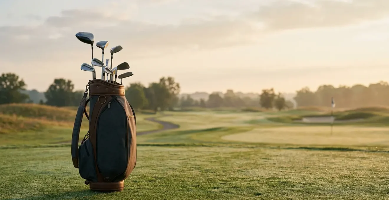 Quality golf clubs arranged on a budget-friendly golf bag showcase
