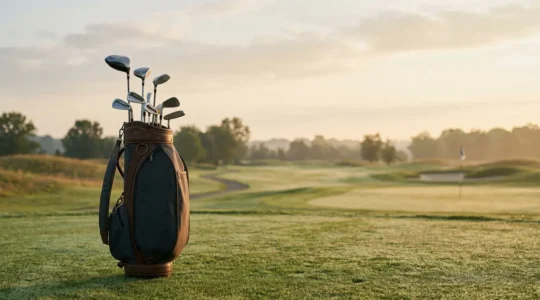 Quality golf clubs arranged on a budget-friendly golf bag showcase