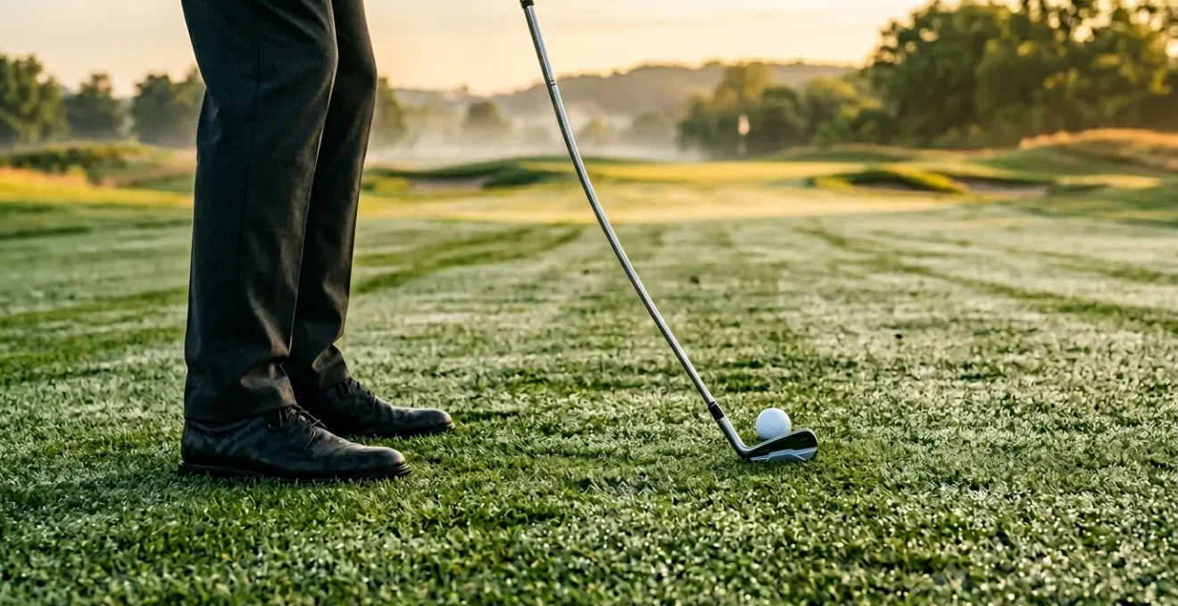 Professional golfer addressing iron shot from tight championship fairway