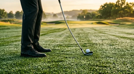 Professional golfer addressing iron shot from tight championship fairway