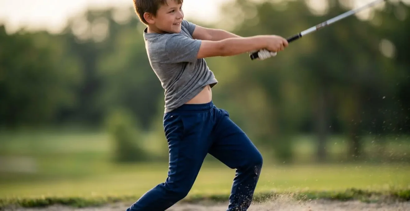 Young athlete showing rotational core movement during golf swing practice