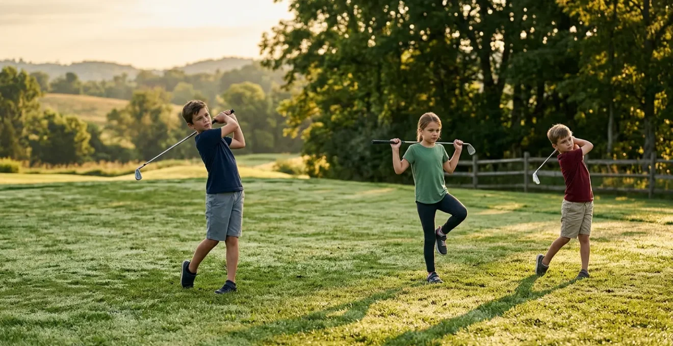 Young athletes practicing golf swings in natural outdoor setting with focus on movement and coordination